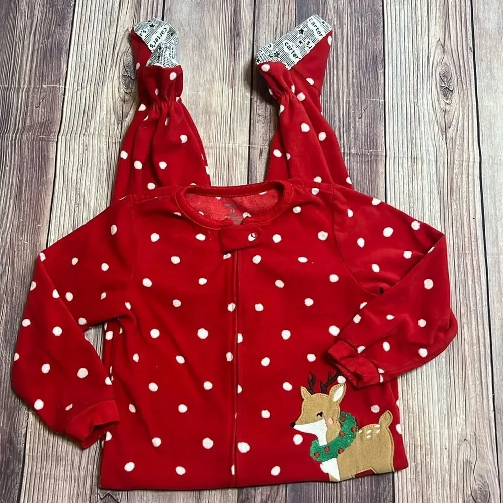 Carter’s 4T Christmas Footed Fleece Pajamas Reindeer Red Polka Dot Sleeper